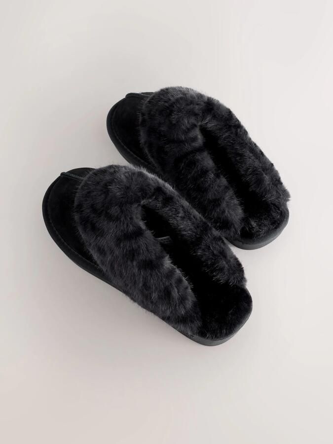Next Dames Met imitatiebont gevoerde suède pantoffelmuiltjes Zwart - Foto 3