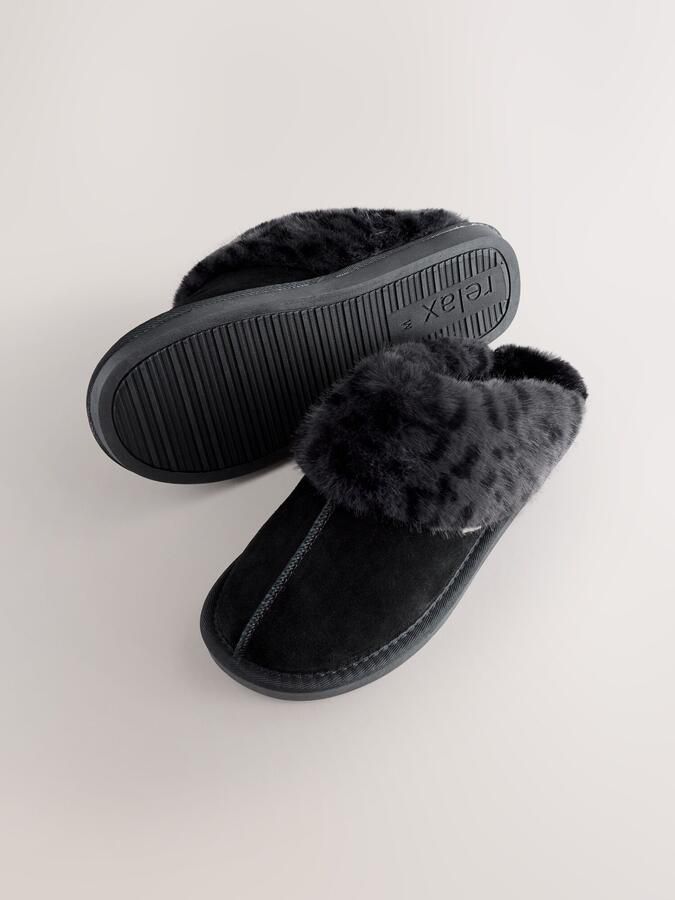Next Dames Met imitatiebont gevoerde suède pantoffelmuiltjes Zwart - Foto 4