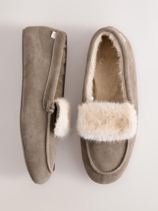 Next Dames Bontgevoerde suède moccassinpantoffels met omslag Grijs - Foto 2