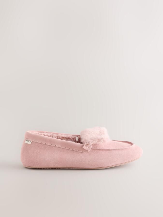 Next Dames Bontgevoerde suède moccassinpantoffels met omslag Roze - Foto 2