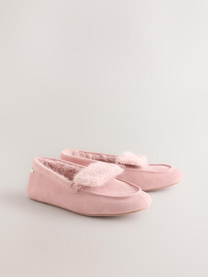 Next Dames Bontgevoerde suède moccassinpantoffels met omslag Roze - Foto 3