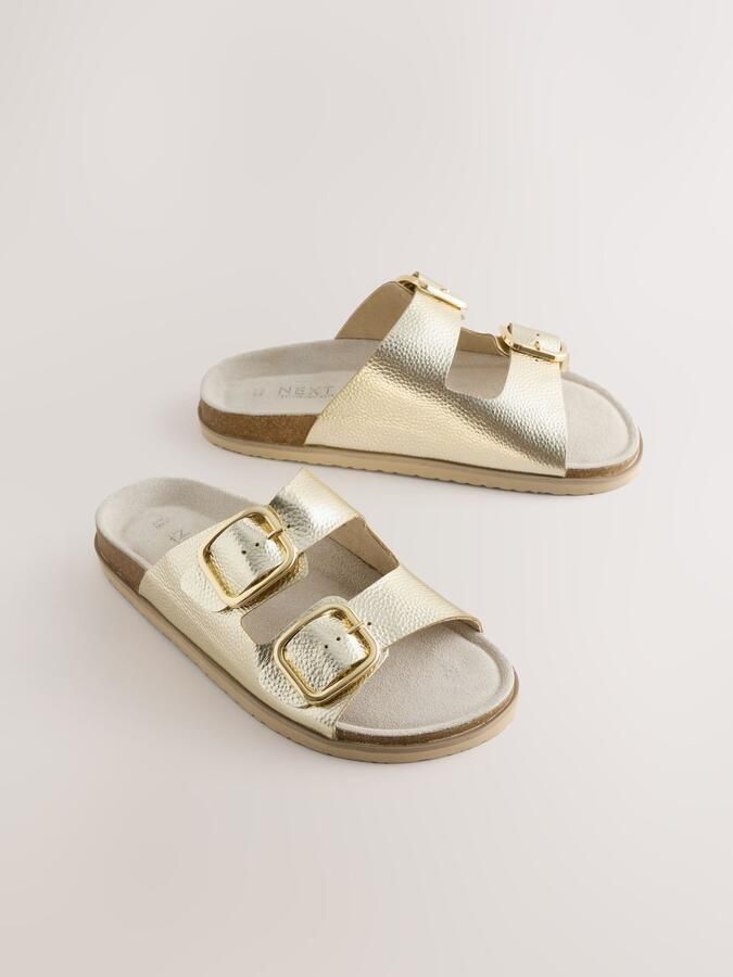 Next Dames Sandalen met twee bandjes voetbed en extra brede pasvorm Goud - Foto 2
