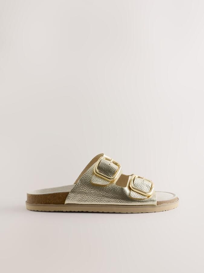 Next Dames Sandalen met twee bandjes voetbed en extra brede pasvorm Goud - Foto 3
