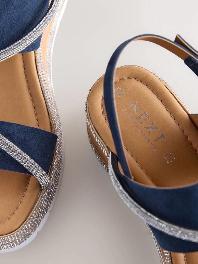 Next Dames Leren sportsandalen met glitterdetail sleehak en open hiel extra brede pasvorm Blauw - Foto 6
