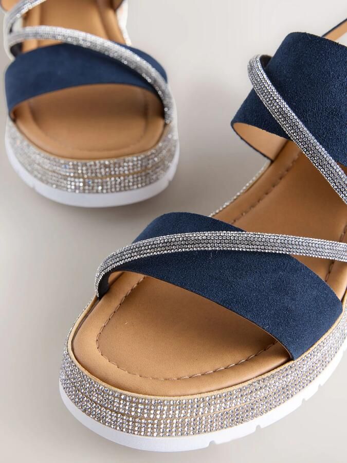 Next Dames Leren sportsandalen met glitterdetail sleehak en open hiel extra brede pasvorm Blauw - Foto 4