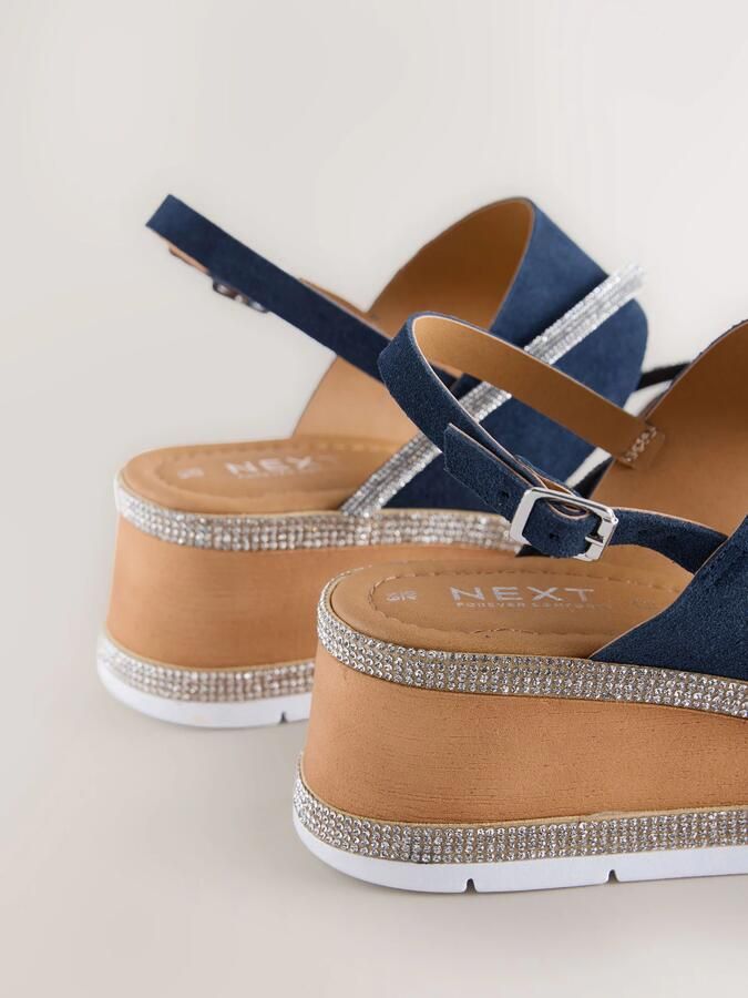 Next Dames Leren sportsandalen met glitterdetail sleehak en open hiel extra brede pasvorm Blauw - Foto 5