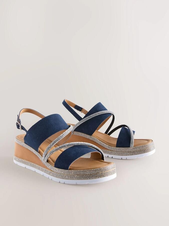 Next Dames Leren sportsandalen met glitterdetail sleehak en open hiel extra brede pasvorm Blauw - Foto 3
