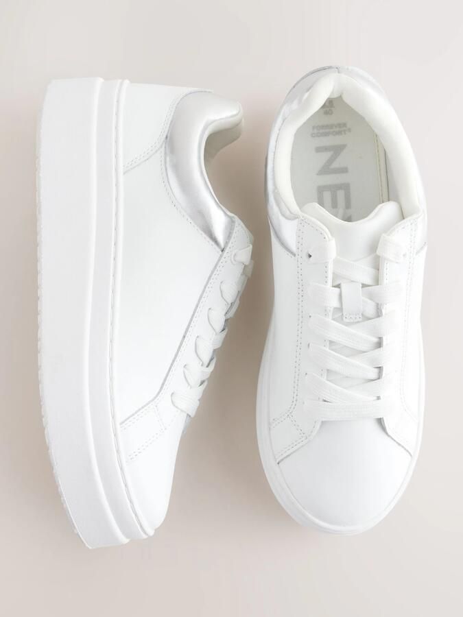 Next Dames Leren sneakers met ronde neus en dikke veters Wit - Foto 4
