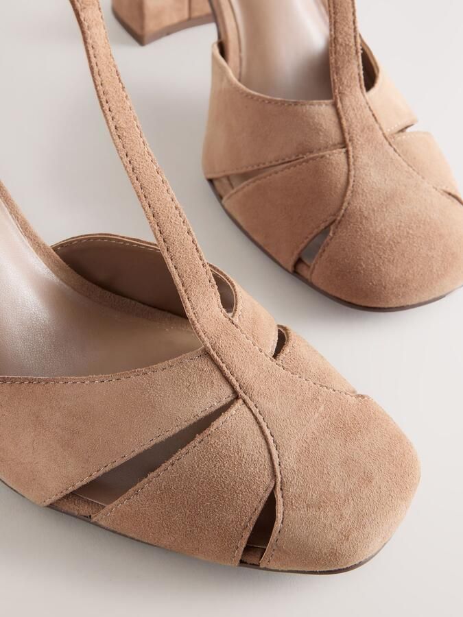 Next Dames Leren schoenen met ronde neus uitgesneden T-band en blokhak Bruin - Foto 4