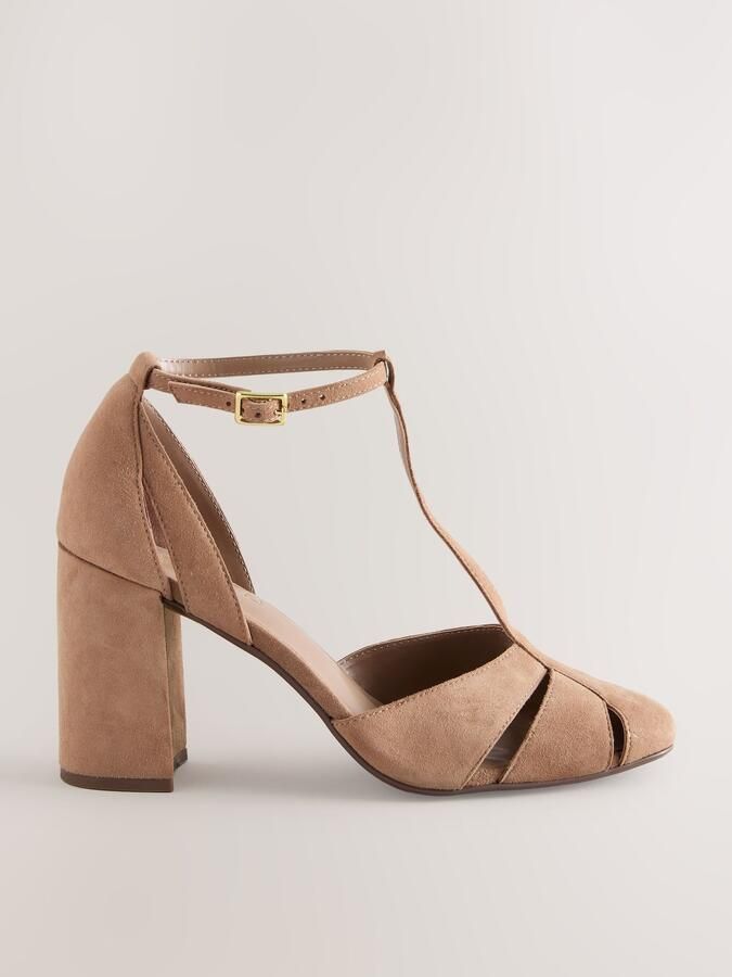 Next Dames Leren schoenen met ronde neus uitgesneden T-band en blokhak Bruin - Foto 2