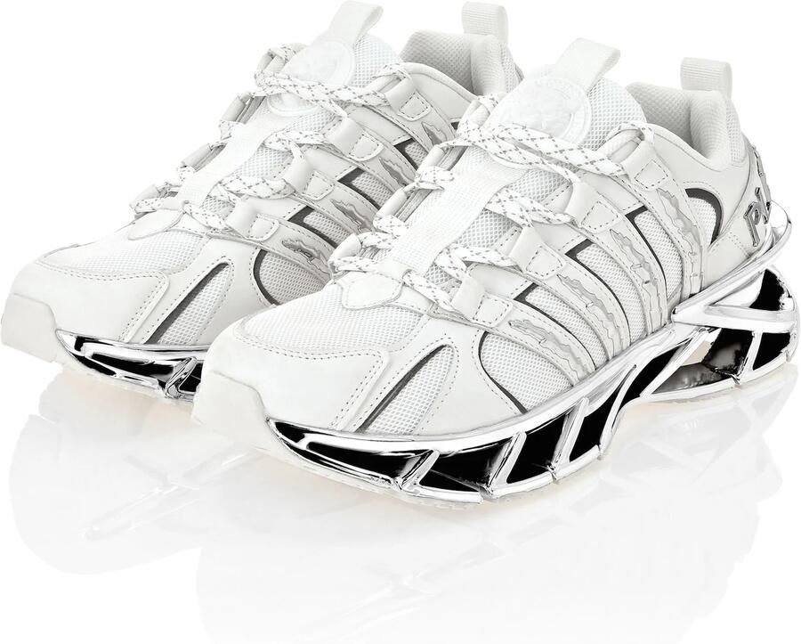 Plein Sport Mesh en Leren Runner Sneaker Wit Zilver White Heren - Foto 4