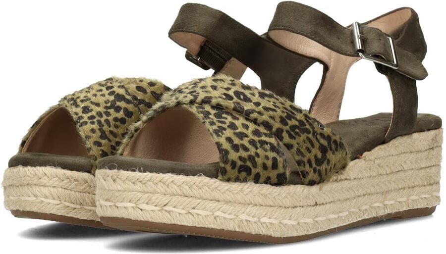 PS Poelman LONA Dames Faux PU Imitatie Suède Leren Sandalen met Espadrille Sleehak Zool en Luipaard Print Kaki Olijf Groen - Foto 2