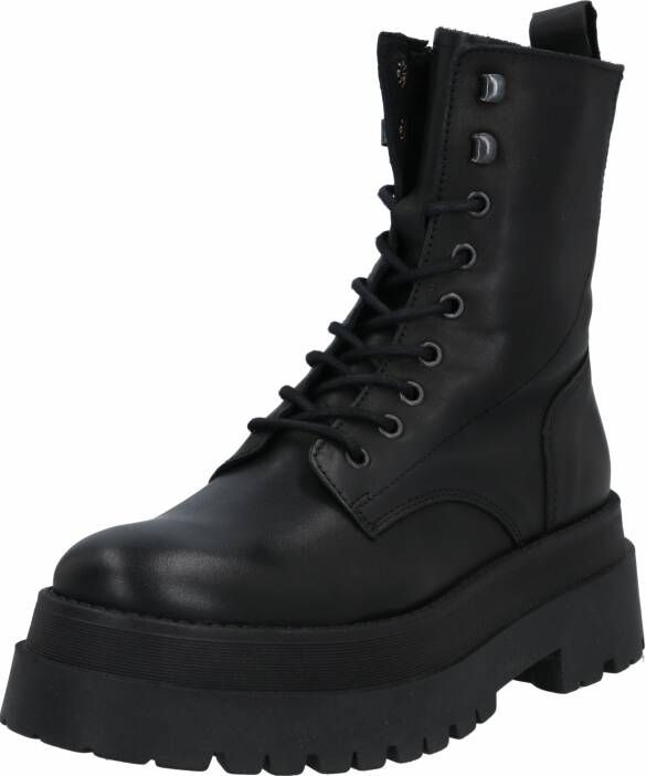 PS Poel Leren Chunky Plateau Combat Veterlaarzen Korio Zwart