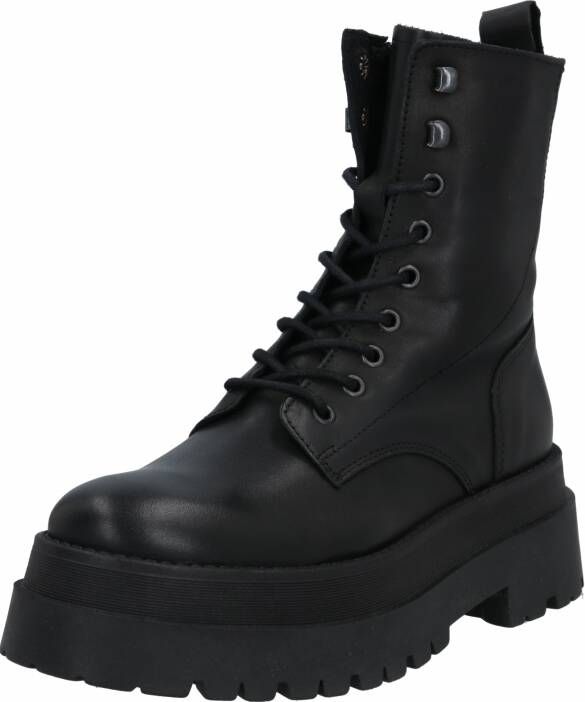 PS Poelman Leren Chunky Plateau Combat Veterlaarzen Korio Zwart Dames