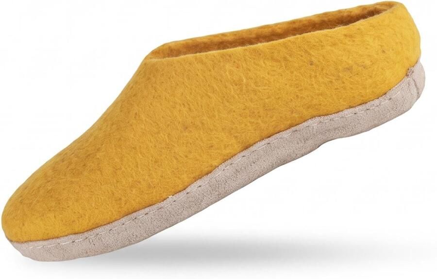 SHUS walk with nature Instappers 'Uldtøffel (100% ren uld) hjemmesko m sål i skind Dansk Design fra SHUS' donkergeel - Foto 3