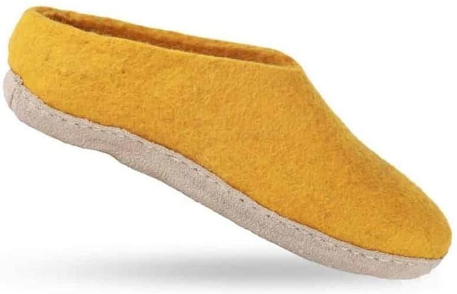 SHUS walk with nature Instappers 'Uldtøffel (100% ren uld) hjemmesko m sål i skind Dansk Design fra SHUS' donkergeel