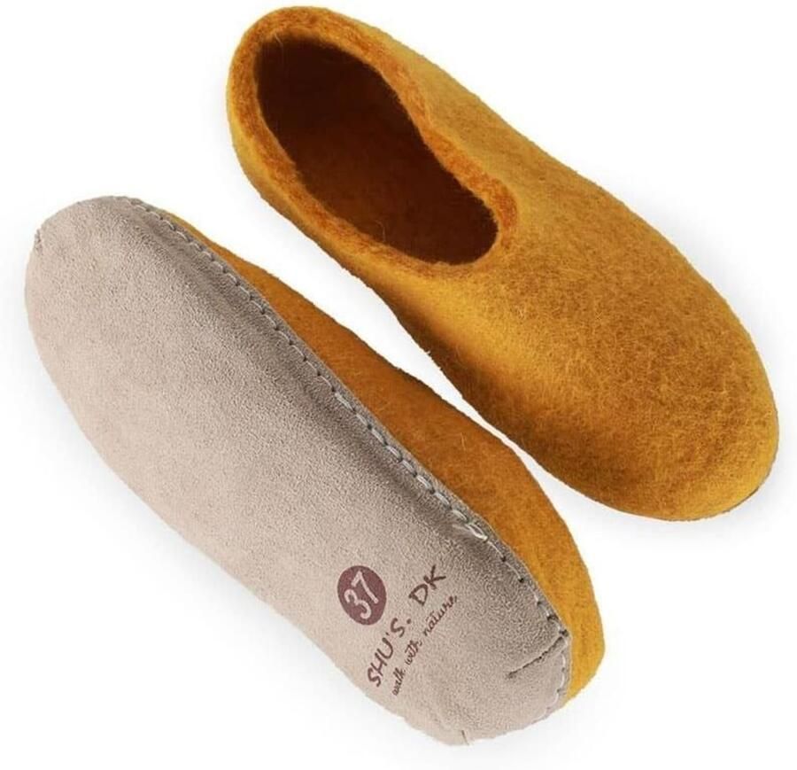 SHUS walk with nature Instappers 'Uldtøffel (100% ren uld) hjemmesko m sål i skind Dansk Design fra SHUS' donkergeel - Foto 2