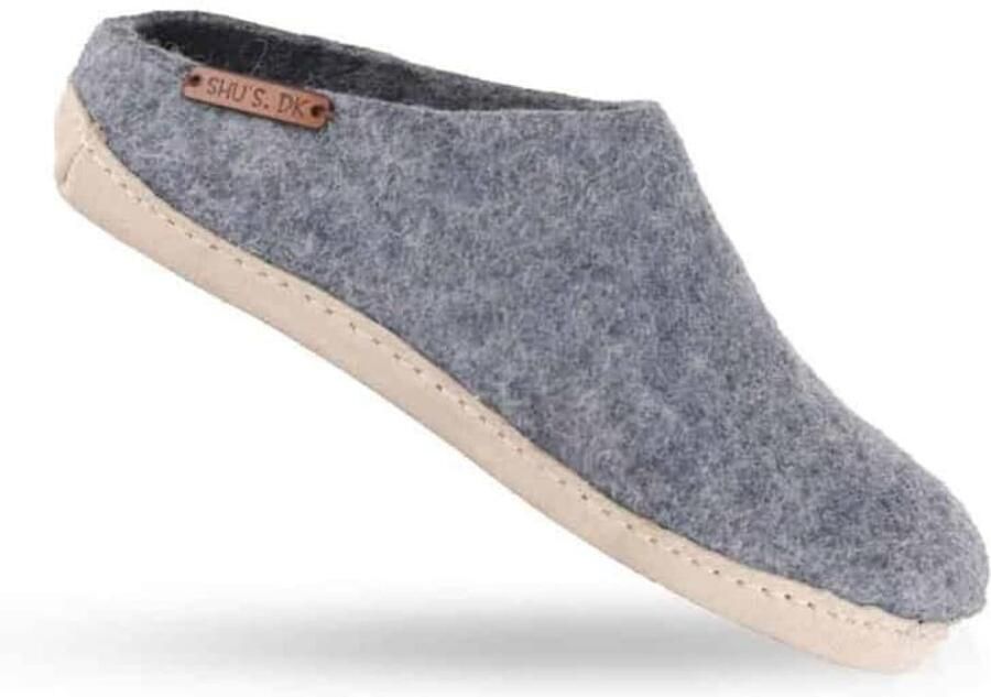 SHUS walk with nature Instappers 'Uldtøffel (100% ren uld) hjemmesko m sål i skind Dansk Design fra SHUS' grey denim