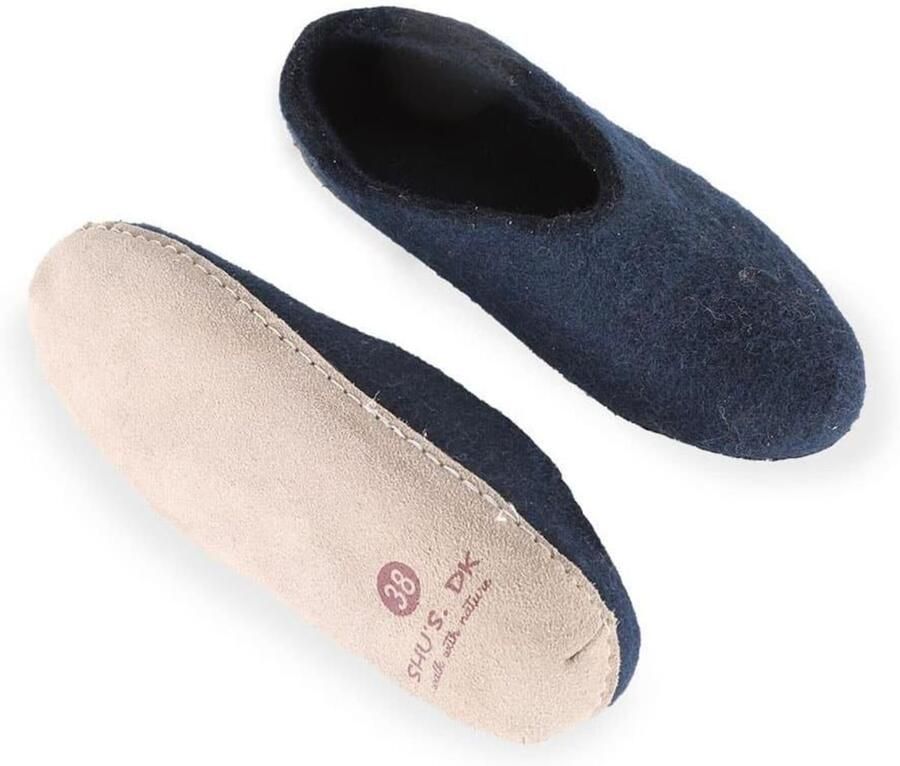 SHUS walk with nature Instappers 'Uldtøffel (100% ren uld) hjemmesko m sål i skind Dansk Design fra SHUS' blauw - Foto 3