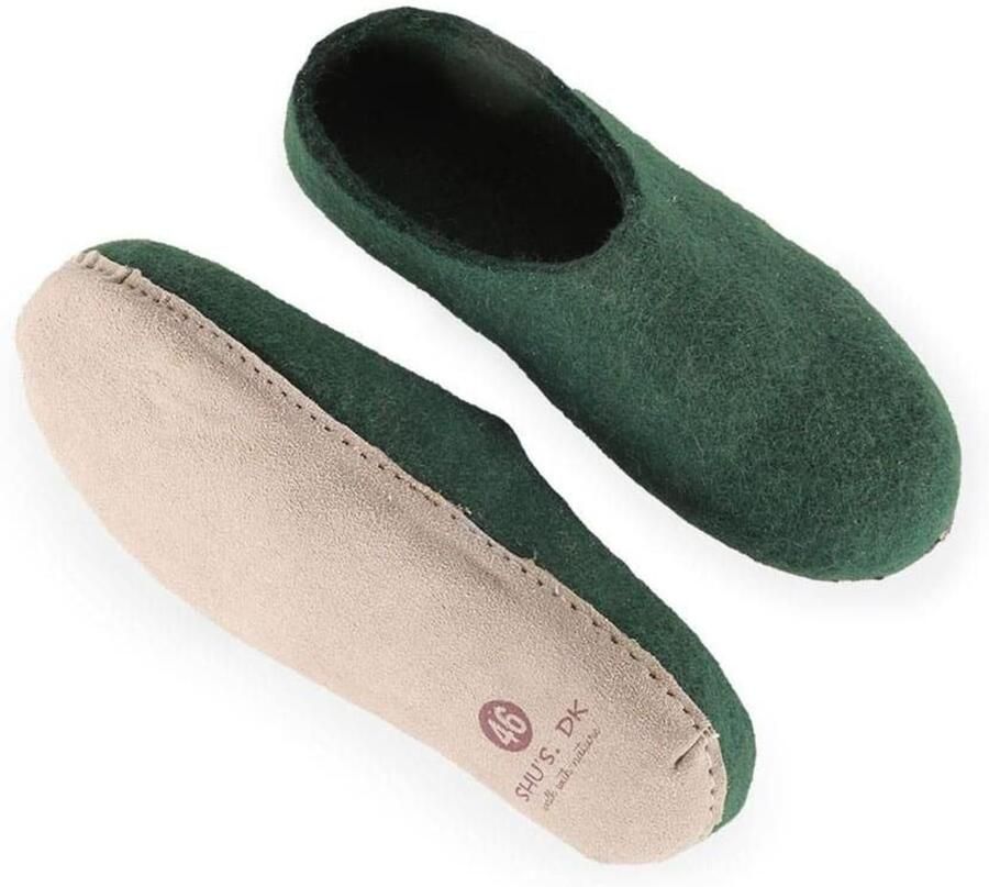 SHUS walk with nature Muiltjes 'Sutsko klassisk uldtøffel (100% ren uld) m sål i skind Dansk Design fra SHUS' groen - Foto 2