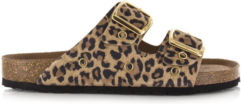 DWRS LABEL Leopard slippers leer met gouden details Beige Leer Slippers met gesp Dames