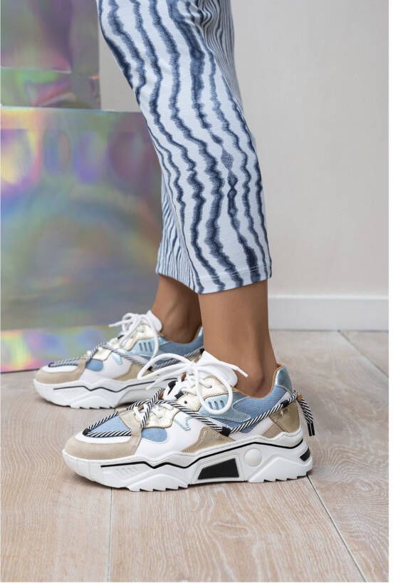 DWRS LABEL Jupiter denim Champagne Jeans Blauw Leer Lage sneakers Dames