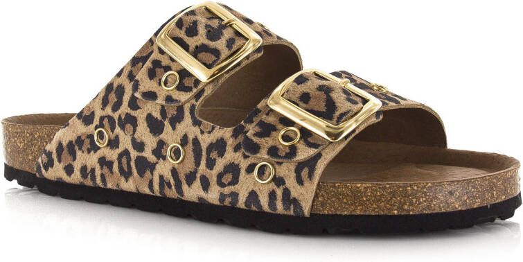 DWRS LABEL Leopard slippers leer met gouden details Beige Leer Slippers met gesp Dames