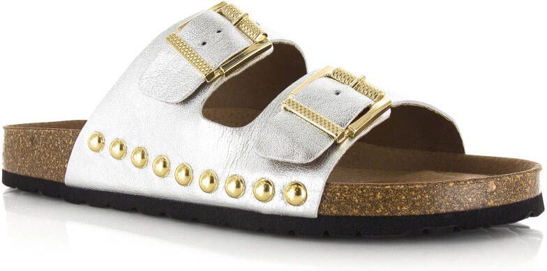 DWRS LABEL Malibu metallic leer | sil Zilver Leer Slippers met gesp Dames