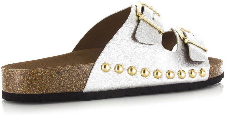 DWRS LABEL Malibu metallic leer | sil Zilver Leer Slippers met gesp Dames