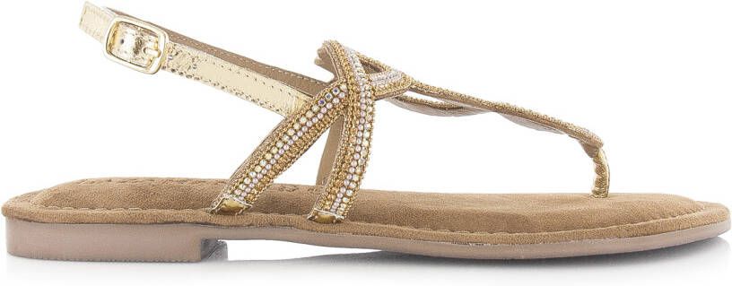 Lazamani Ladies sandals strass gold Goud Leer Platte sandalen Dames