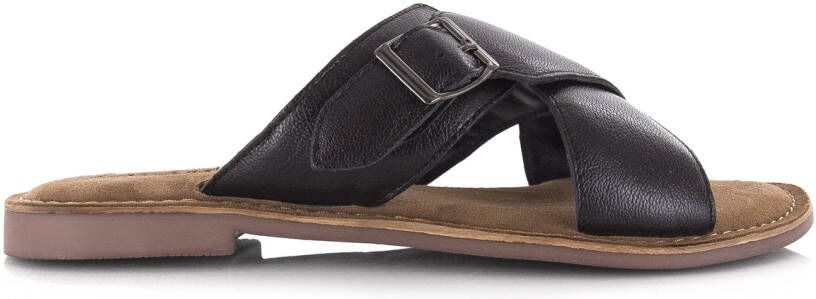 Lazamani Leren mules black met gekruis Zwart Leer Platte sandalen Dames - Foto 3