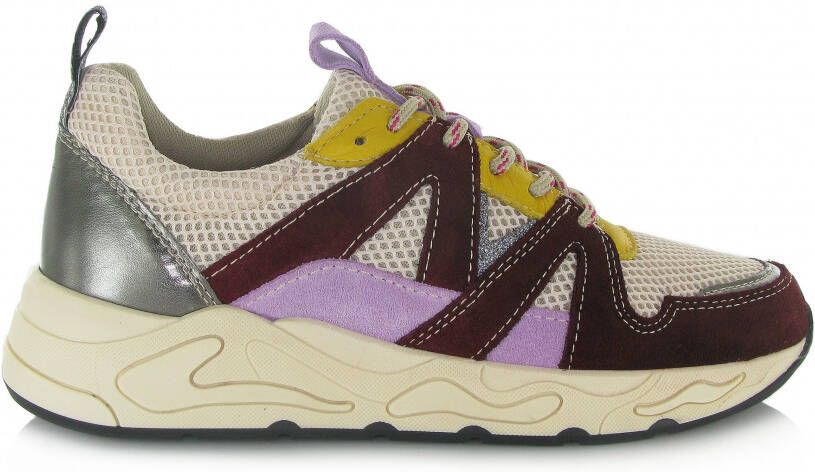 PS Poelman Minion Dames Suède Leren Runner Sneakers met Glitter Details Bordeaux Beige Mesh Lila - Foto 2