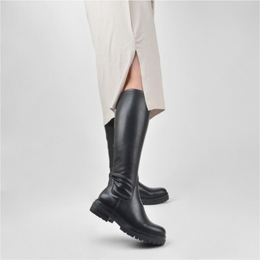 PS Poelman Dames CYBELE PU Imitatieleren Stretch Hoge Laarzen met Stoere Profielzool en Rits Zwart - Foto 9