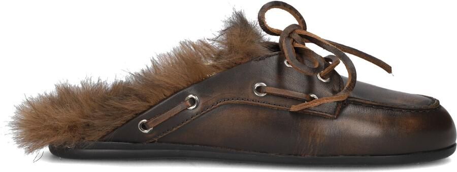 POSA Instappers Dames Boat Loafer Mule Hairy Fur Ponyhair Bruin