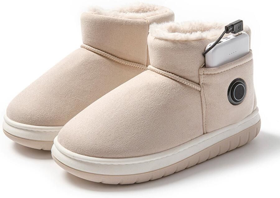 1 paar Verwarmde Winter Snowboots Beige USB Oplaadbare Warmte Laarzen-Zachte Pluche Binnenvoering-Antislip Ondergedeelte-Ideaal voor Thuisgebruik en Koude Kantoordagen
