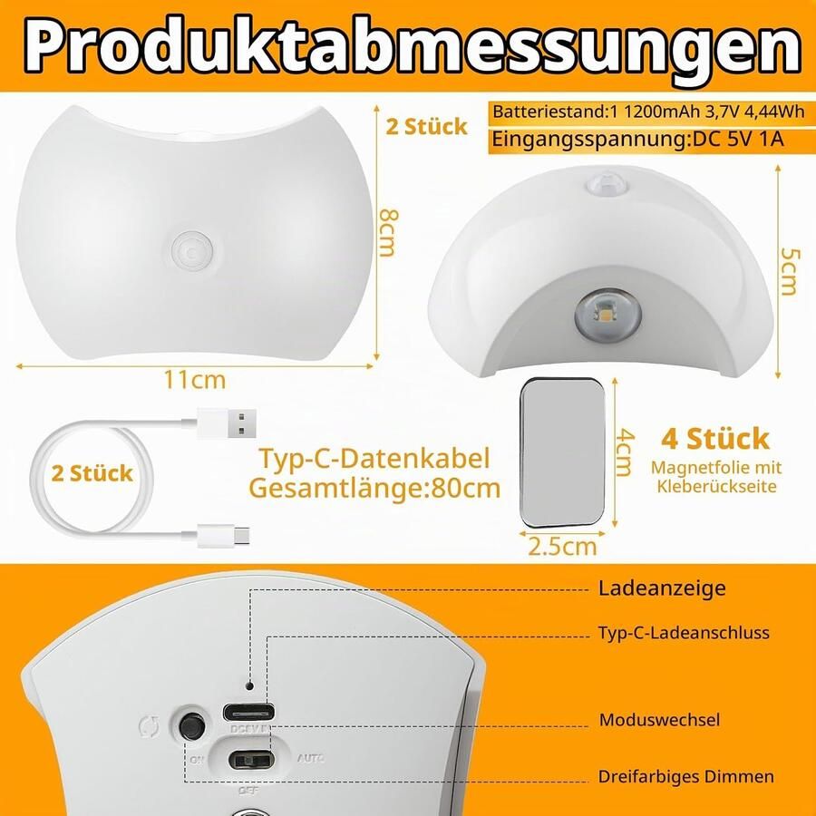 2-delige accu wandlamp met bewegingssensor 3 modi 3 kleuren 1200mAh