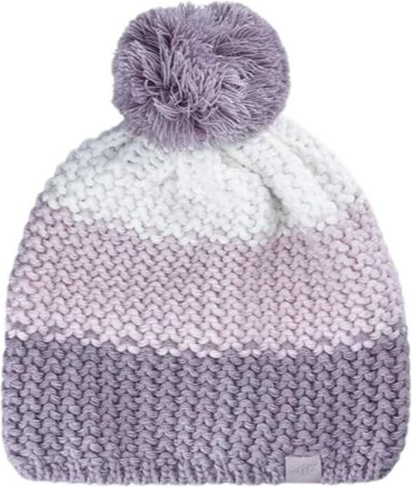 4F Kinderwintermuts met pompon paars wit roze