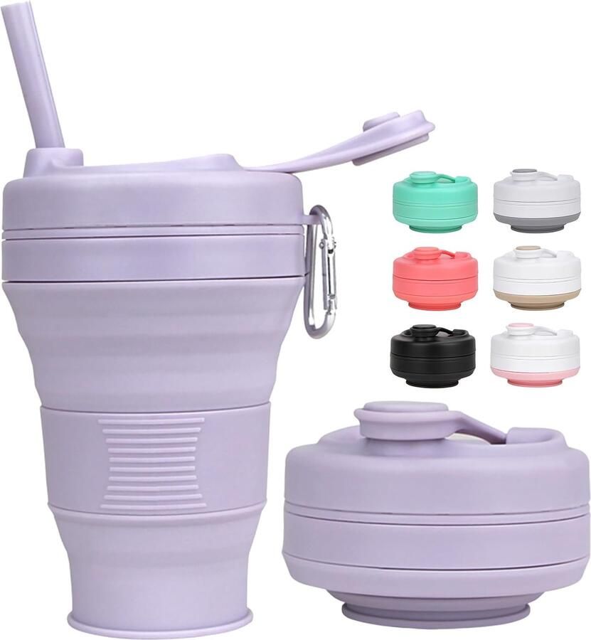 600 ml siliconen opvouwbare beker paars met rietje kunststof deksel BPA-vrije vouwbeker herbruikbare draagbare siliconen beker reisbeker voor outdoor camping picknick wandelen reizen