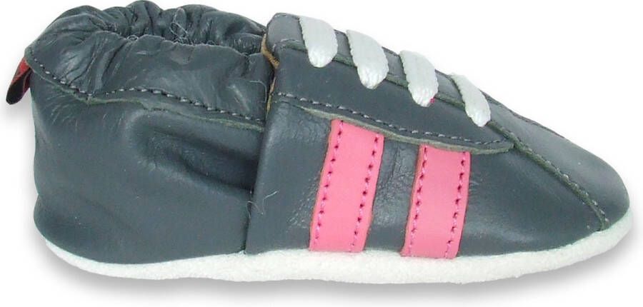 Aapie babyslofjes Sneaker grijs roze slofjes voor baby dreumes leer antislip eerste loopschoentjes maat L