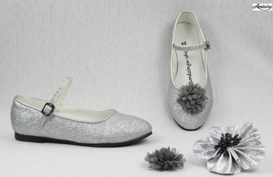 Amezing Shoes Ballerina's-bruidschoen meisje-schoen zilver glitter-prinsessen schoen-dansschoen-platte schoen-gespschoen kind-glamour-verkleedschoen )