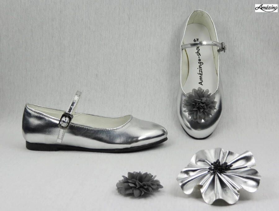 Amezing Shoes Ballerina's-bruidsschoen meisje-prinsessen schoen-schoen zilver glossy-platte schoen-verkleedschoen zilver-gespschoen-glamour )