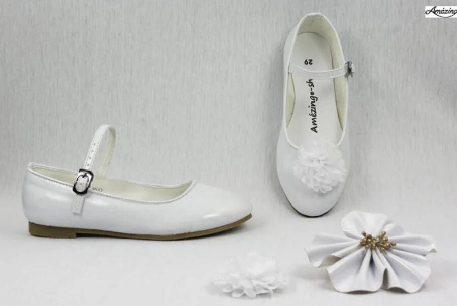 Amezing Shoes Ballerina's-bruidsschoen meisje wit-prinsessenschoen-schoen wit glossy-bruidsmeisjes schoen-platte schoen-verkleedschoen-dansschoen-gespschoen )