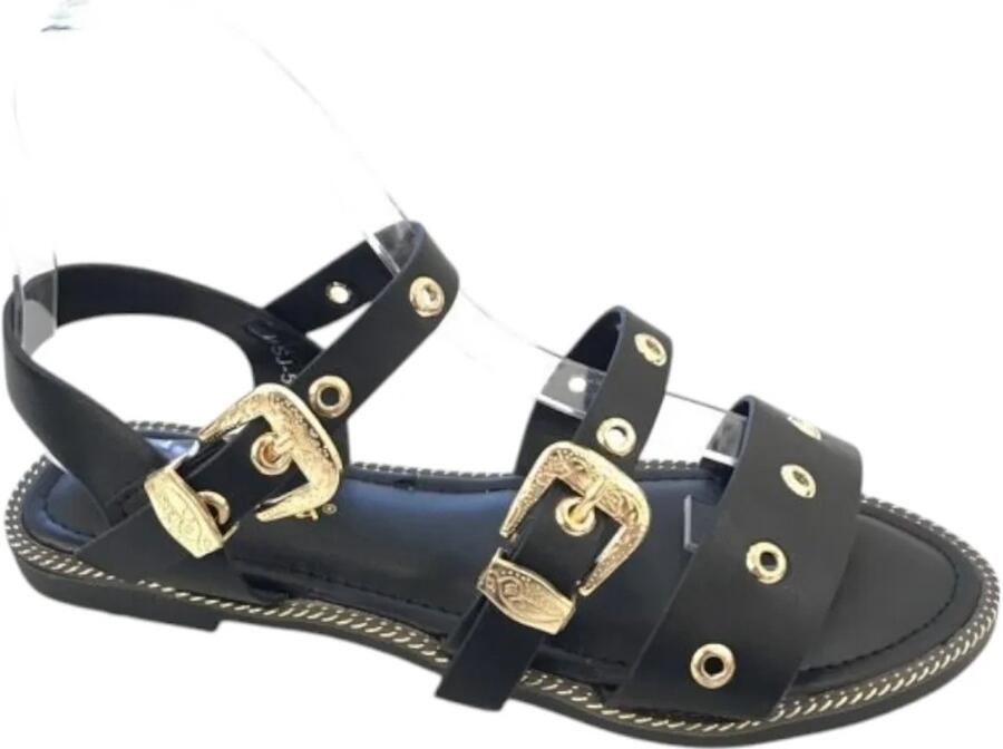 Zwarte Platte Dames Sandalen met Gouden Gespen en Studs Open Teensandalen met Bandjes Kunstleer Goud Beslag Platte Sandalen Dames Zwart
