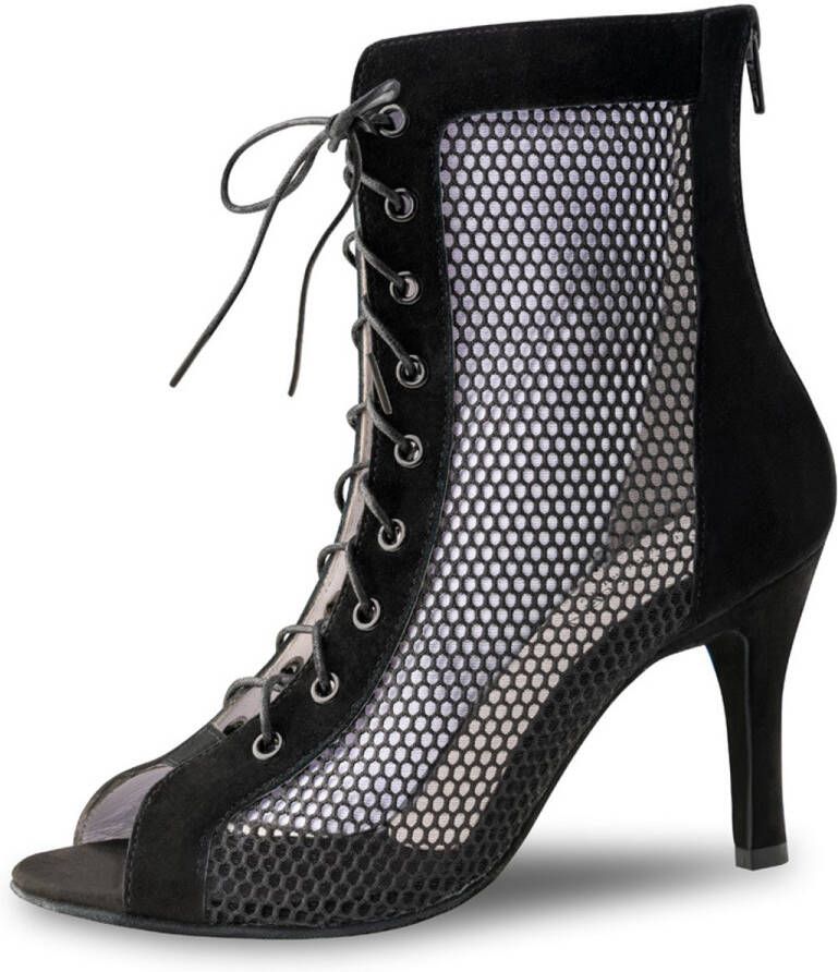 Anna Kern 981-80 Regine Dames Dansschoenen Laarsjes High Heels voor Latin Salsa & Kizomba met Suède en Mesh Open teen Suede zool Zwart