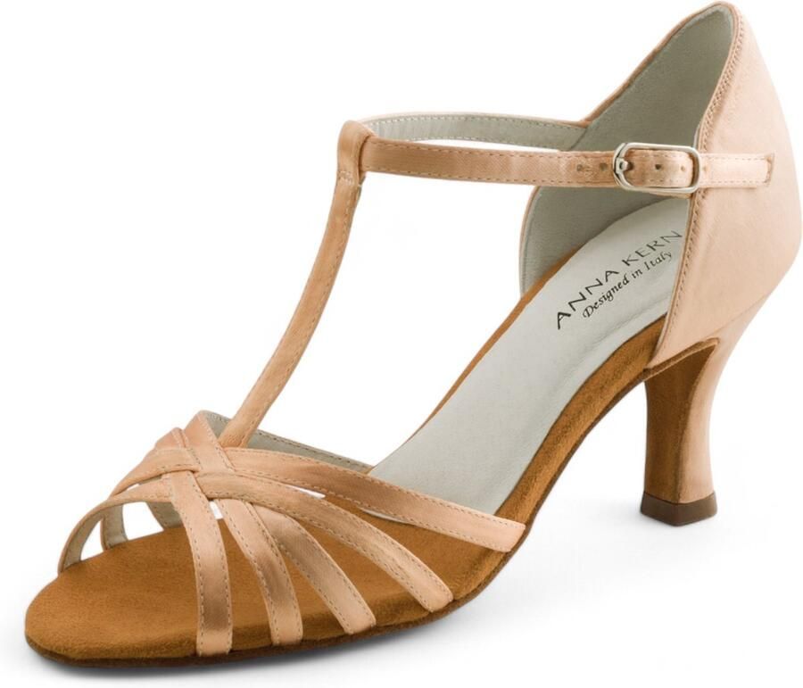 Anna Kern 470 60 Justine Dames Dansschoenen Zalmroze Satijn T bandje Flare Hak Suede Zool Salsa Latin Ballroom ANNA KERN Nude