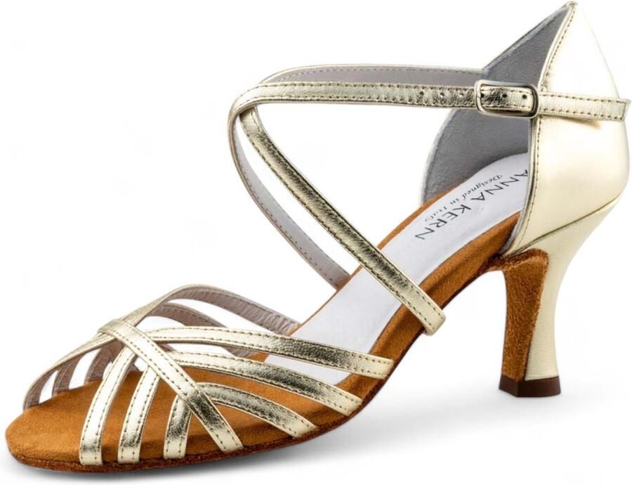 Anna Kern 598 60 Jolie Dames Dansschoenen Goud Metallic Leer Kruisbandjes Flare hak Salsa en Latin ANNA KERN Goud