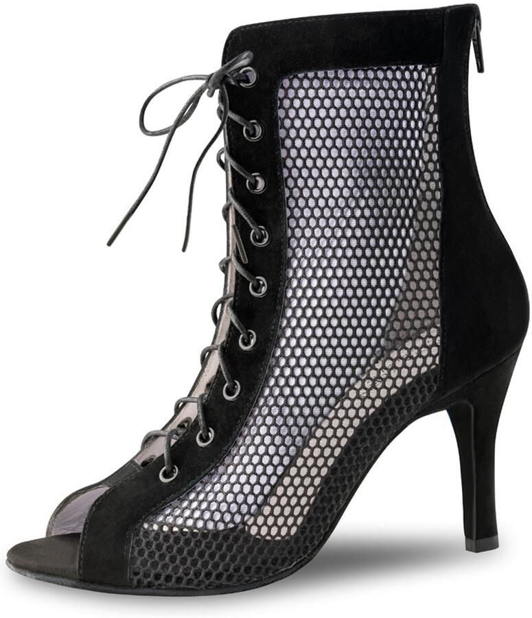 Anna Kern 981 80 Regine Dames Dansschoenen Laarsjes High Heels voor Latin Salsa & Kizomba met Suède en Mesh Open teen Suede zool Zwart