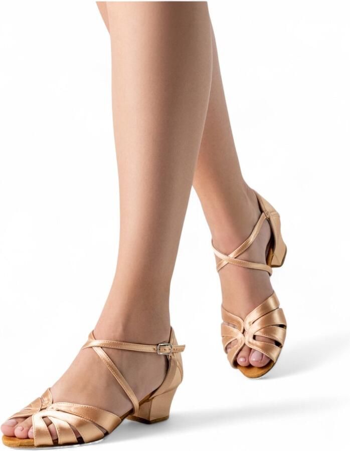 Anna Kern Dames Dansschoenen Monique 973 35 met lage hak van Open teenontwerp Gekruiste bandjes Suede zool Licht beige satijn