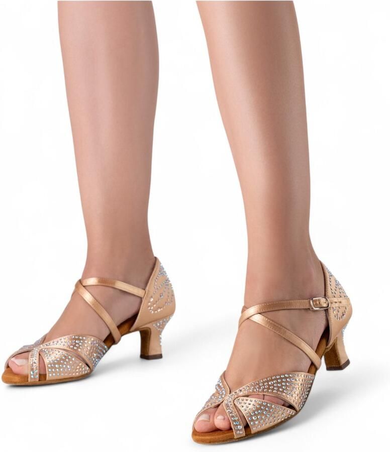 Anna Kern Dames Latin Dansschonenen Vianne Nude satijn Fonkelende strass steentjes Gekruiste bandjes Comfortabele flare hak Stabiele basis dansschoen Ademende leren voering Suède zool Salsa Bachata Kizomba nude