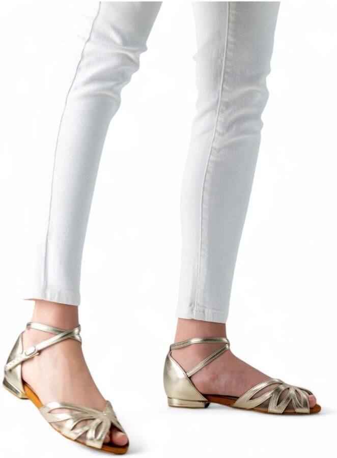 Anna Kern Margo Danssandaal met platte hak Lichte dames dansschoenen Comfortabele pasvorm Hak Suede buitenzool Social Salsa Bachata Latin Vrije tijd stijldansen Goud